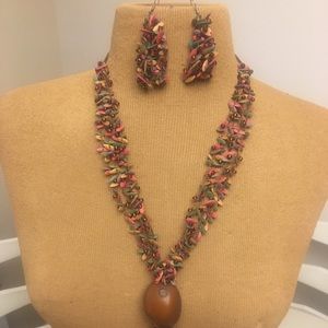 Multicolored Wooden Bead Necklace and Earring Set
